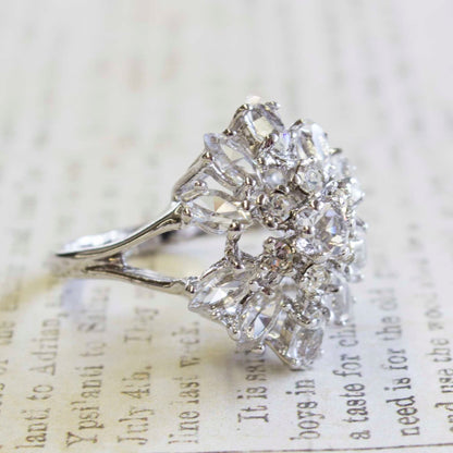 Vintage 1970s Cubic Zirconia Cluster Ring with Clear Austrian Crystals – 18k White Gold Electroplated jewelry image 1