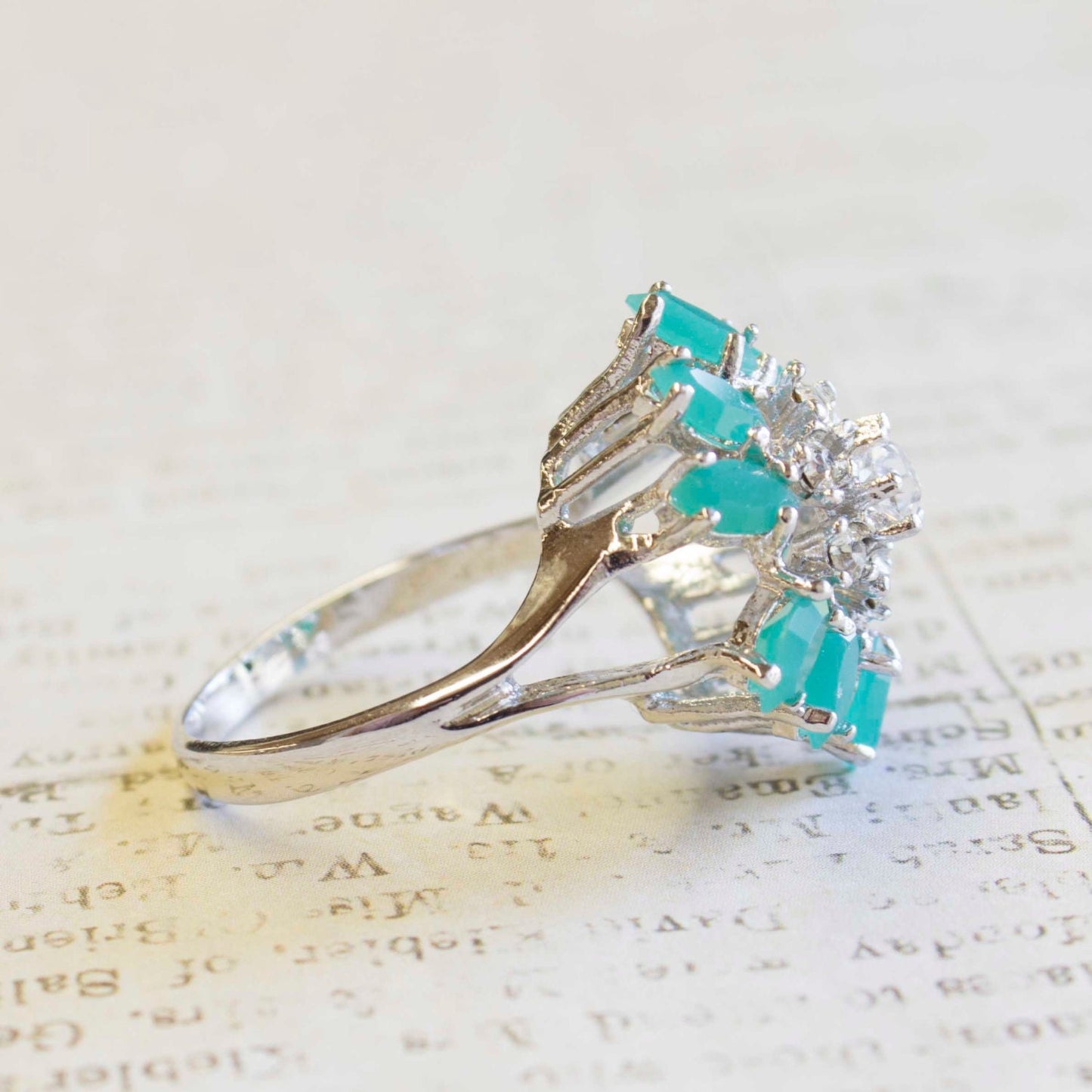 Vintage 1970s Chrysoprase and Clear Austrian Crystal Cluster Ring - 18k White Gold Electroplated jewelry image 1