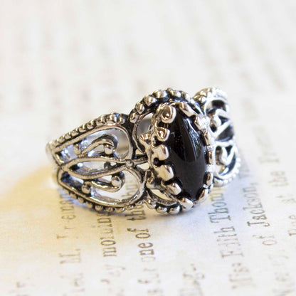 Vintage Genuine Onyx Antiqued 18k White Gold Electroplated Filigree Ring Made in USA jewelry image 1