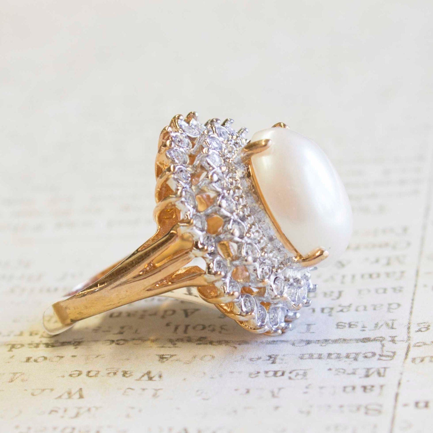 Vintage Faux Pearl and Clear Austrian Crystal Cocktail Ring in 18kt Gold Electroplate jewelry image 1