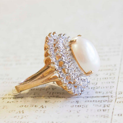 Vintage Faux Pearl and Clear Austrian Crystal Cocktail Ring in 18kt Gold Electroplate jewelry image 1