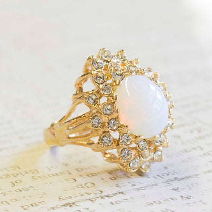 Vintage Pinfire Opal Ring with Clear Austrian Crystals - 18k Yellow Gold Electroplated jewelry image 1