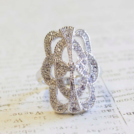 Vintage Genuine Marcasite Cocktail Ring – 1800s Design 18k Antiqued White Gold Electroplate jewelry image 1