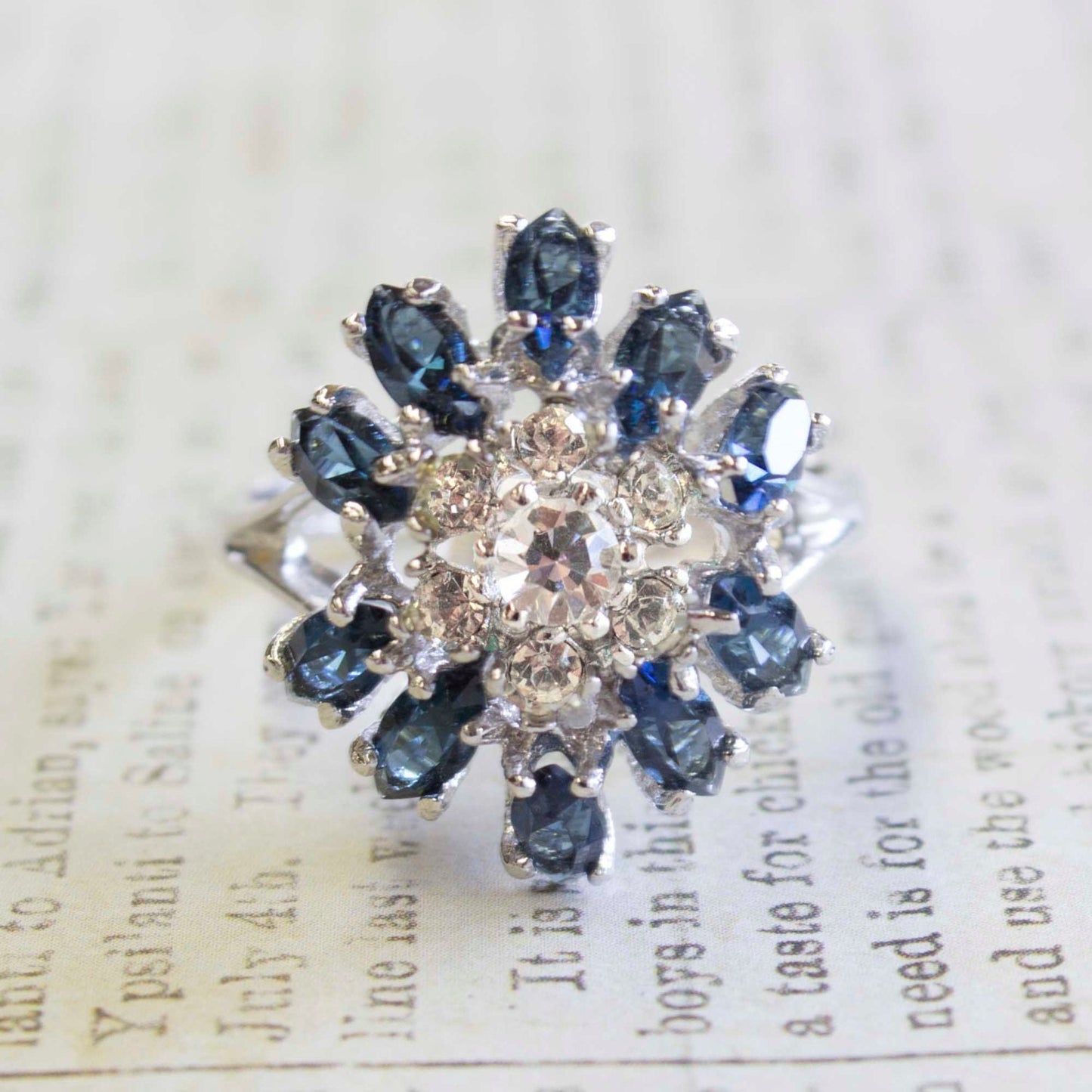 Vintage 1970s Sapphire and Clear Austrian Crystal Cluster Ring - 18k White Gold Electroplated jewelry image 1
