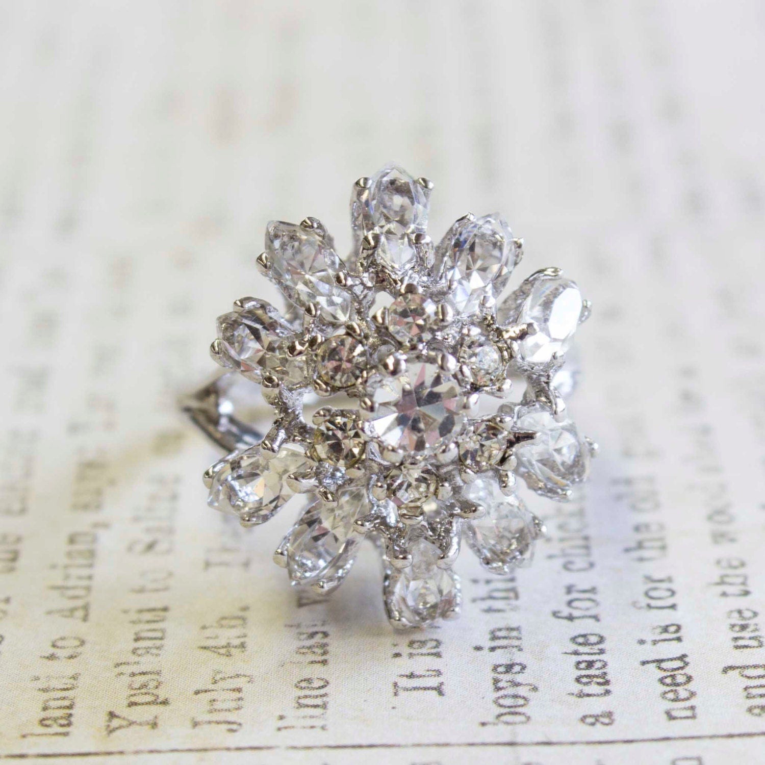 Vintage 1970s Cubic Zirconia Cluster Ring with Clear Austrian Crystals – 18k White Gold Electroplated jewelry image 1