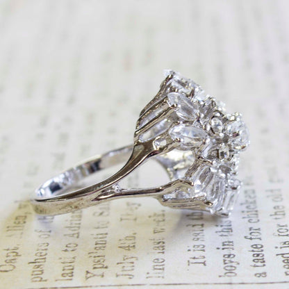 Vintage 1970s Cubic Zirconia Cluster Ring with Clear Austrian Crystals – 18k White Gold Electroplated jewelry image 1
