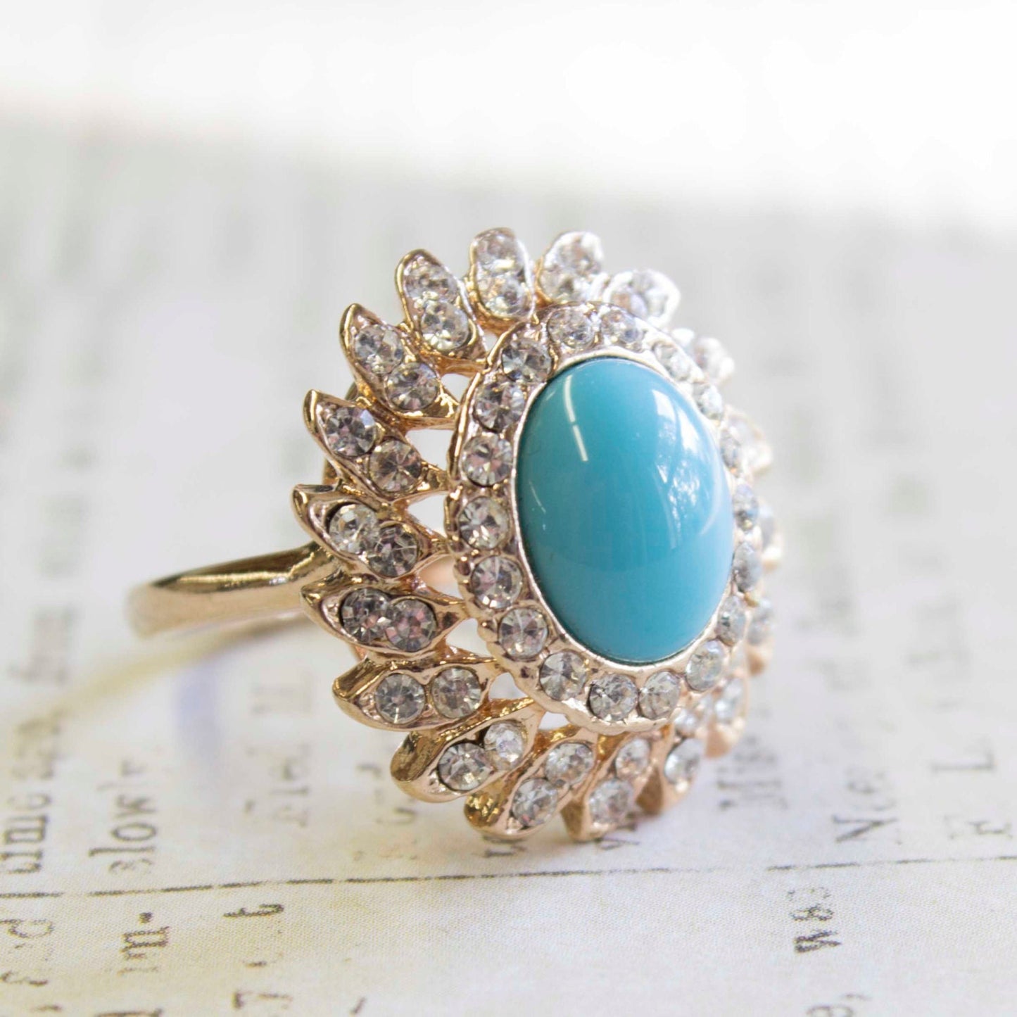 Vintage Imitation Turquoise and Clear Austrian Crystal 18k Gold Electroplated Cocktail Ring jewelry image 1