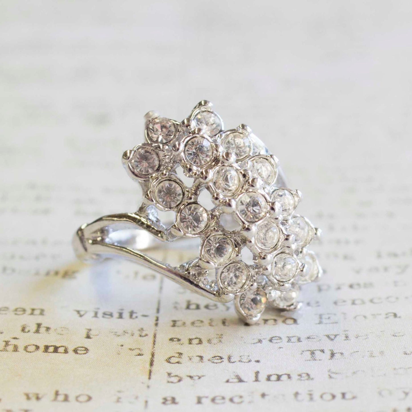 Vintage 1980s Clear Crystal Cocktail Cluster Ring - 18kt White Gold Electroplated - Made in USA jewelry image 1