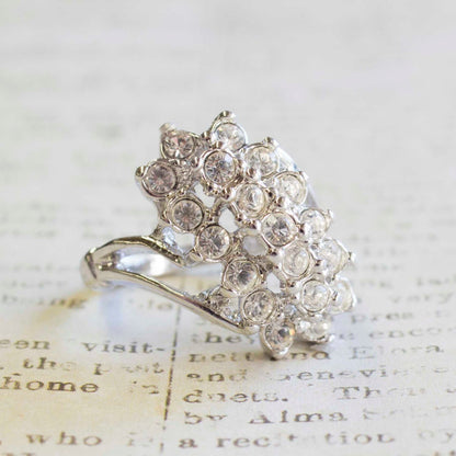 Vintage 1980s Clear Crystal Cocktail Cluster Ring - 18kt White Gold Electroplated - Made in USA jewelry image 1