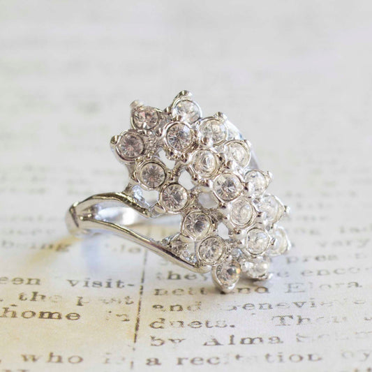 Vintage 1980s Clear Crystal Cocktail Cluster Ring - 18kt White Gold Electroplated - Made in USA jewelry image 1