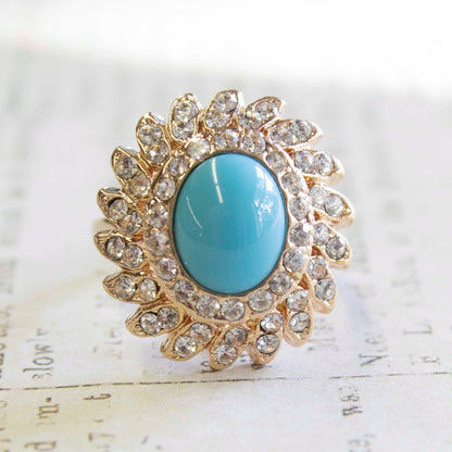 Vintage Imitation Turquoise and Clear Austrian Crystal 18k Gold Electroplated Cocktail Ring jewelry image 1