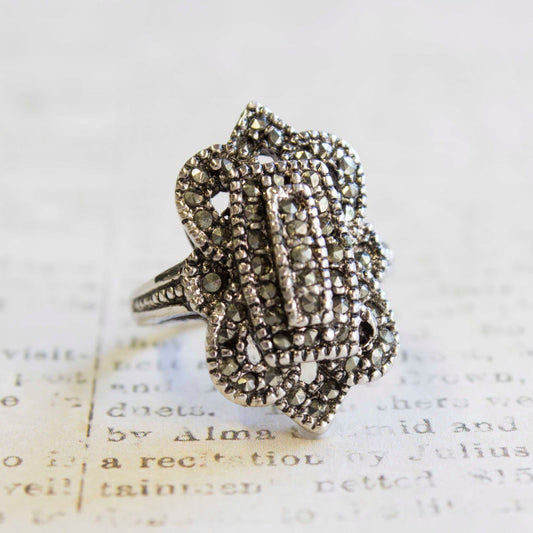 Vintage 1970s Genuine Marcasite Cocktail Ring - 18k White Gold Electroplated - Made in USA jewelry image 1