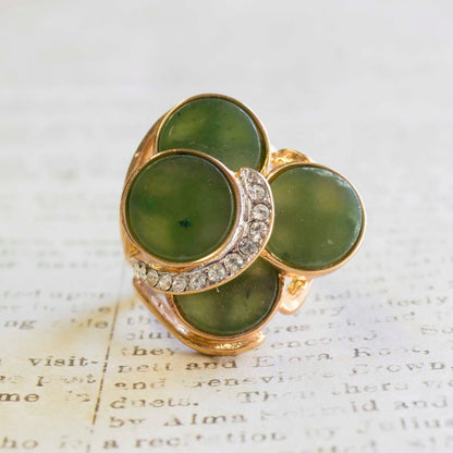 Vintage Genuine Jade Disc Cocktail Ring with Austrian Crystals - 18k Gold Electroplated jewelry image 1