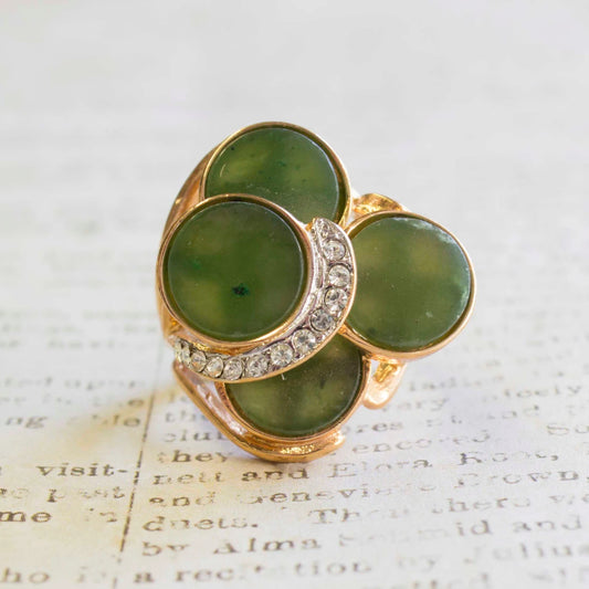 Vintage Genuine Jade Disc Cocktail Ring with Austrian Crystals - 18k Gold Electroplated jewelry image 1
