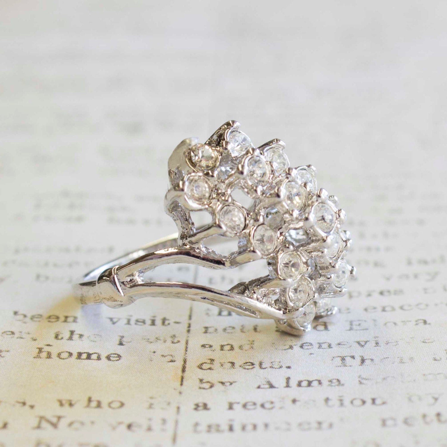 Vintage 1980s Clear Crystal Cocktail Cluster Ring - 18kt White Gold Electroplated - Made in USA jewelry image 1