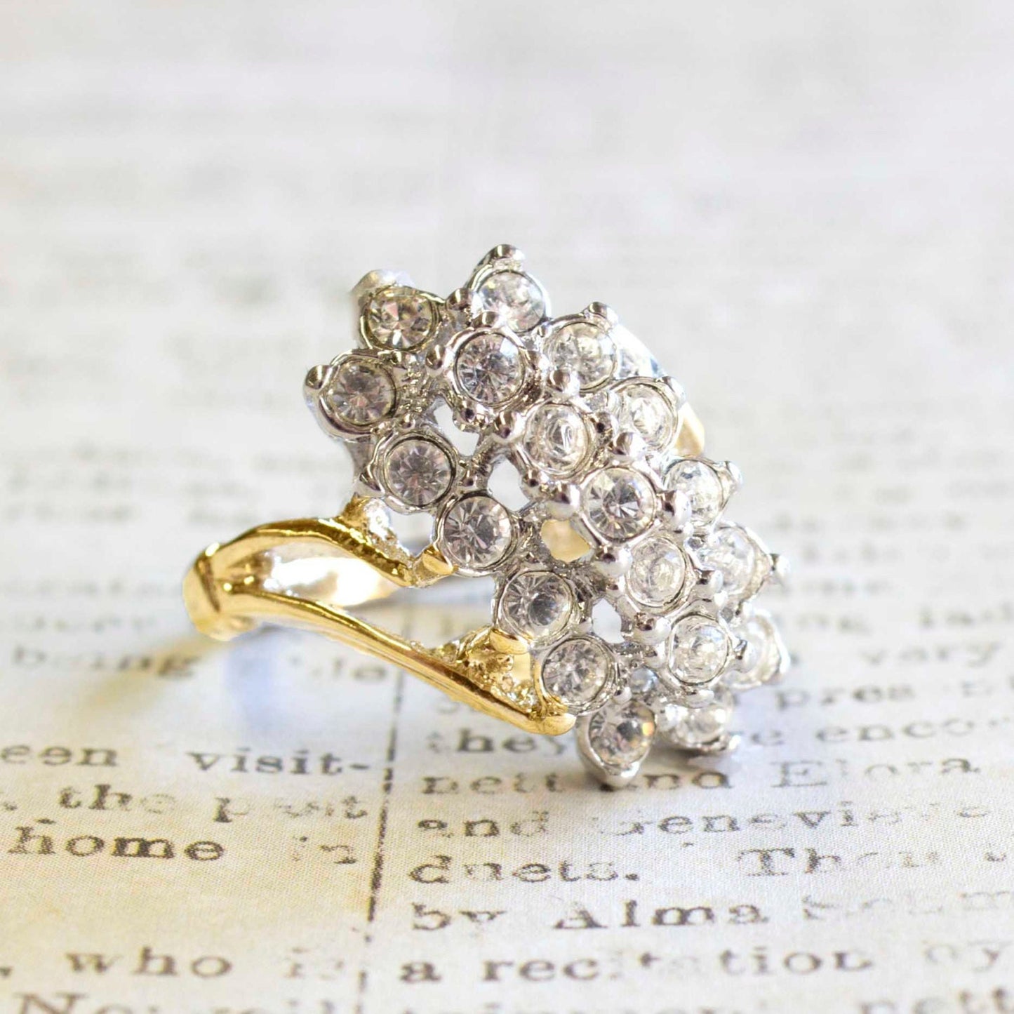 Vintage 1980s Clear Crystal Cocktail Cluster Ring - 18kt Yellow Gold Electroplated - Made in USA jewelry image 1