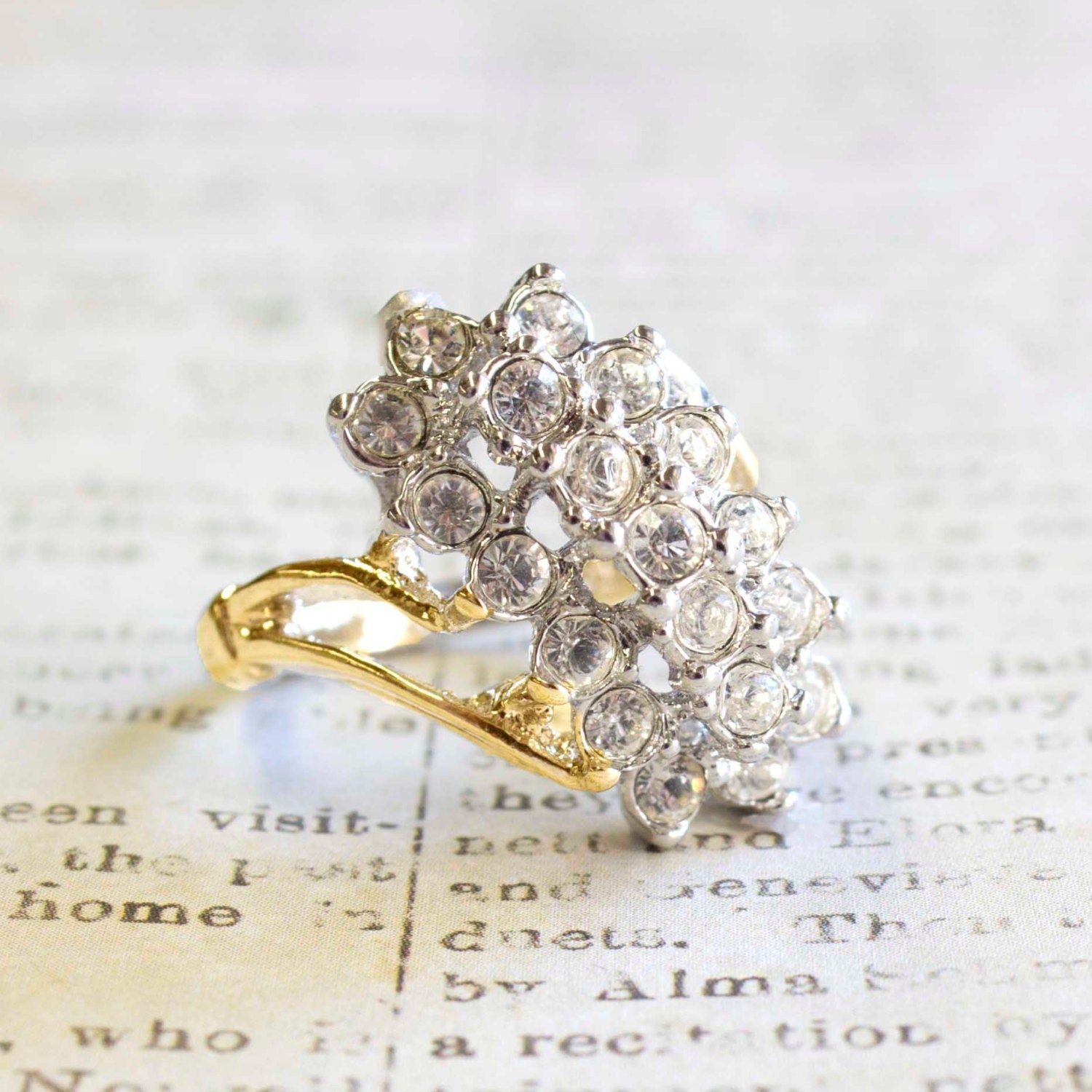 Vintage 1980s Clear Crystal Cocktail Cluster Ring - 18kt Yellow Gold Electroplated - Made in USA jewelry image 1