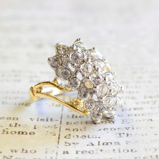 Vintage 1980s Clear Crystal Cocktail Cluster Ring - 18kt Yellow Gold Electroplated - Made in USA jewelry image 1
