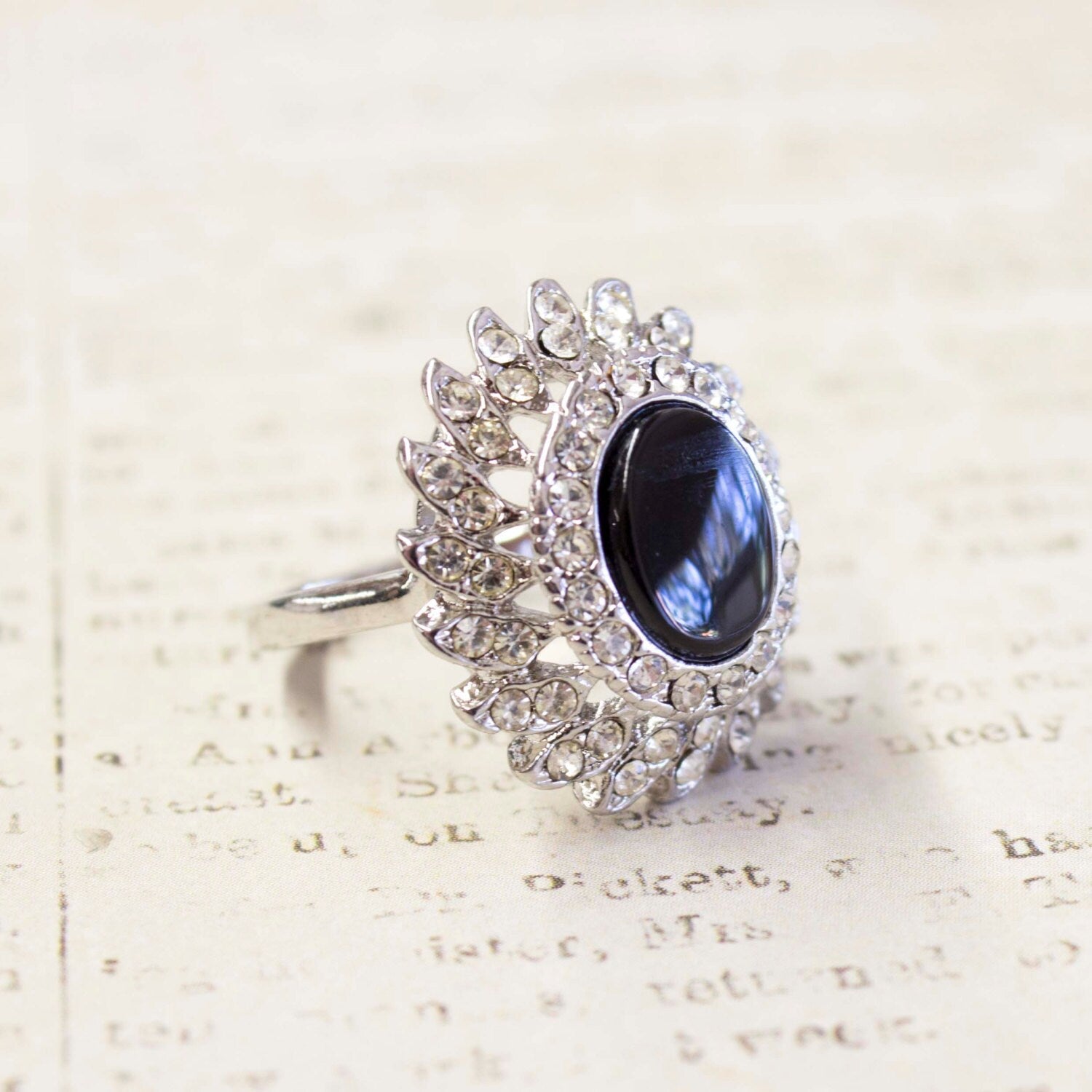 Vintage 1970s Genuine Onyx Cocktail Ring with Clear Austrian Crystals – 18k White Gold Electroplated jewelry image 1