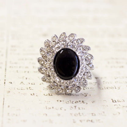 Vintage 1970s Genuine Onyx Cocktail Ring with Clear Austrian Crystals – 18k White Gold Electroplated jewelry image 1
