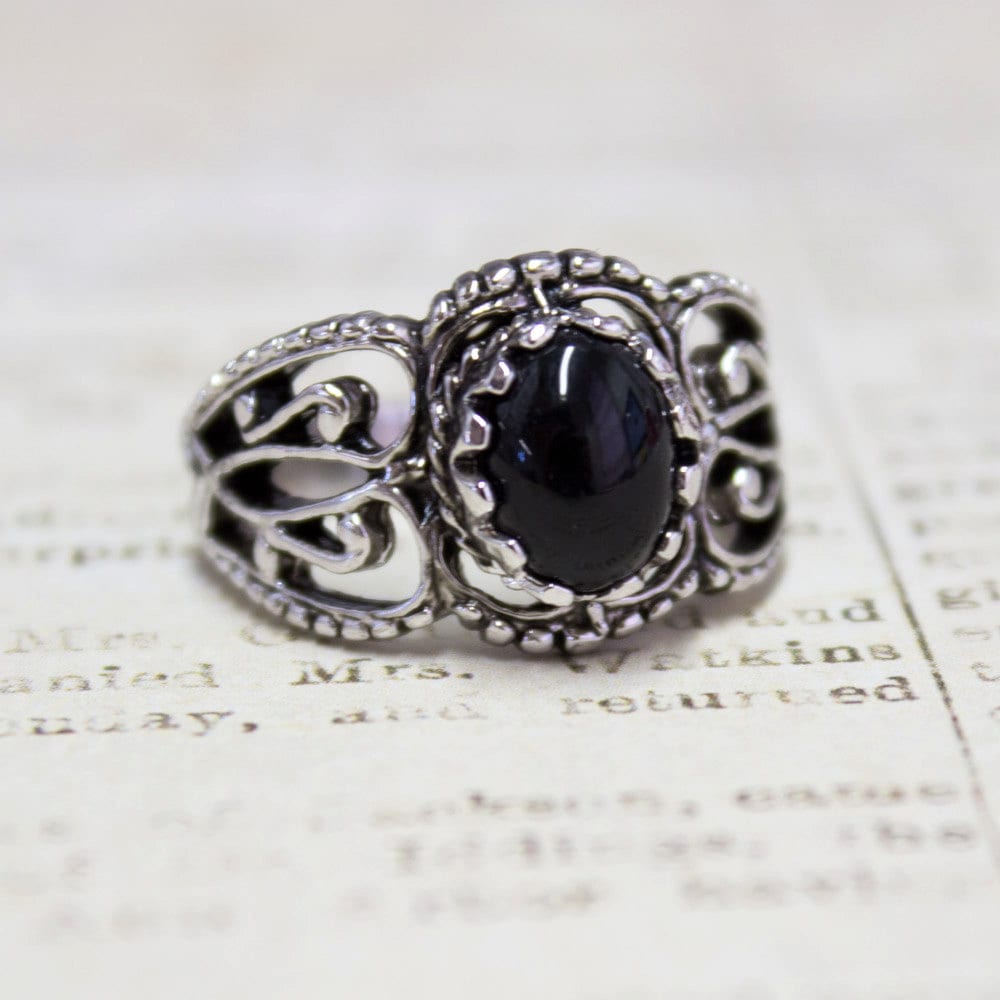 Vintage Genuine Onyx Filigree Ring - 18k White Gold Electroplated - Made in USA jewelry image 1
