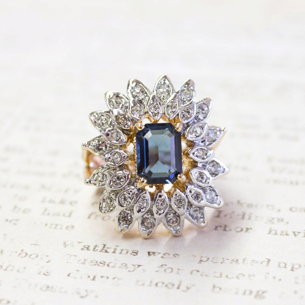 Vintage Sapphire Austrian Crystal Cocktail Ring – 18kt Yellow Gold Electroplated jewelry image 1