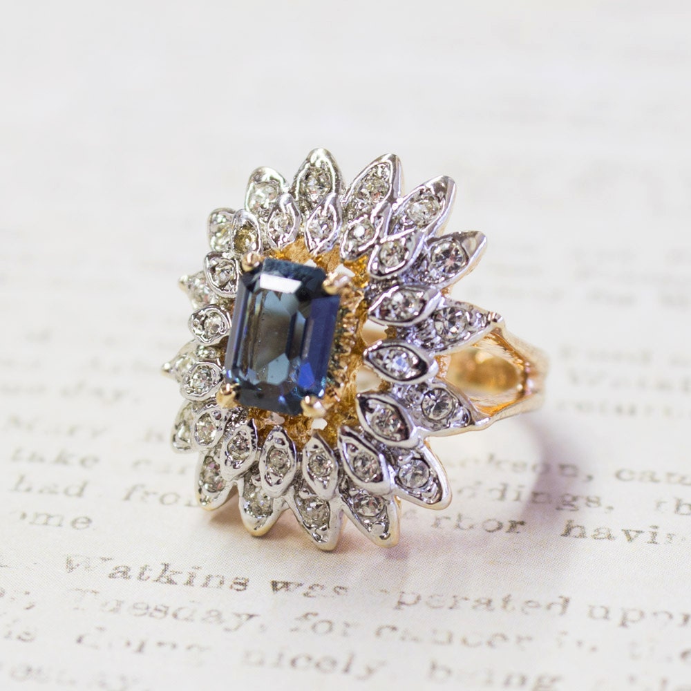 Vintage Sapphire Austrian Crystal Cocktail Ring – 18kt Yellow Gold Electroplated jewelry image 1
