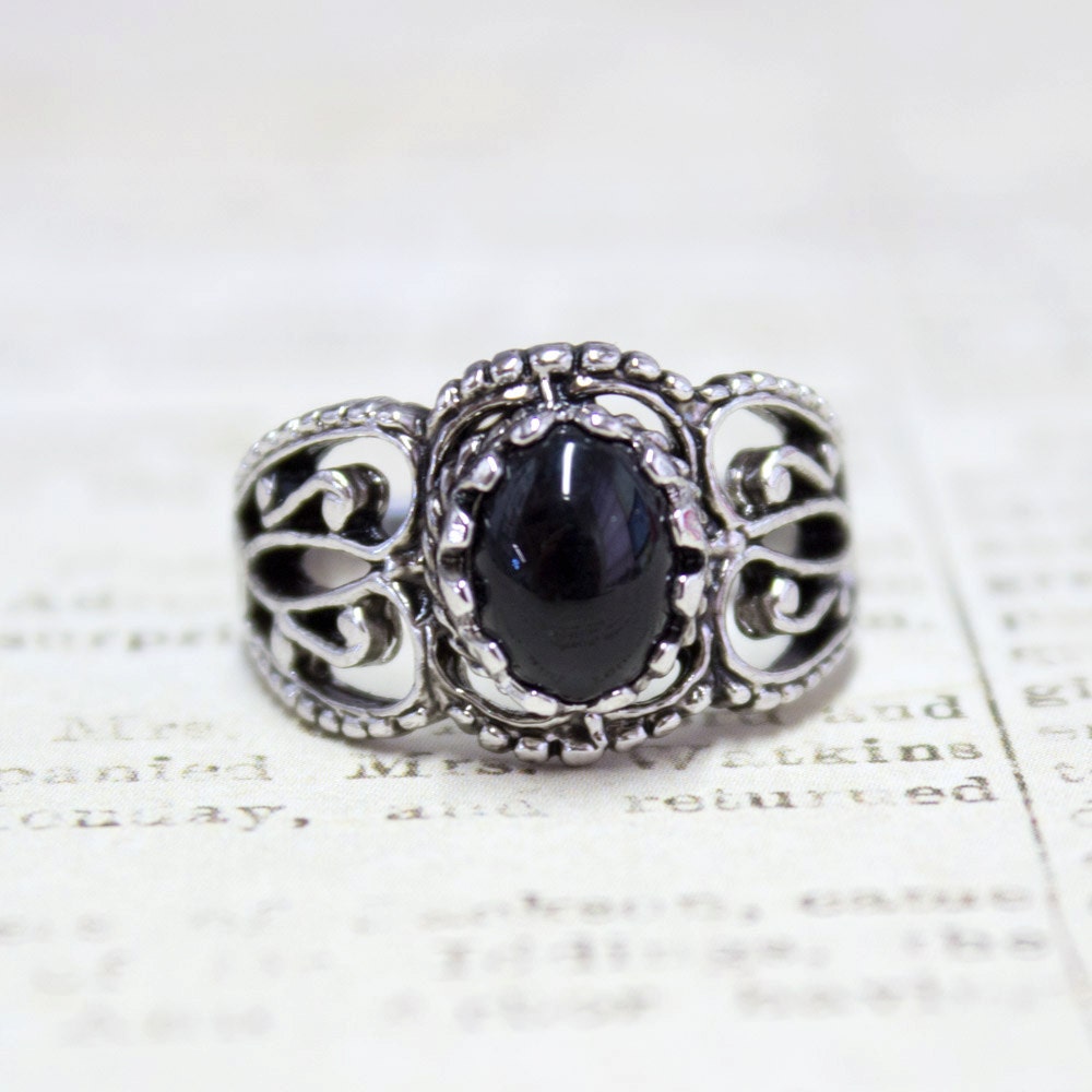 Vintage Genuine Onyx Filigree Ring - 18k White Gold Electroplated - Made in USA jewelry image 1