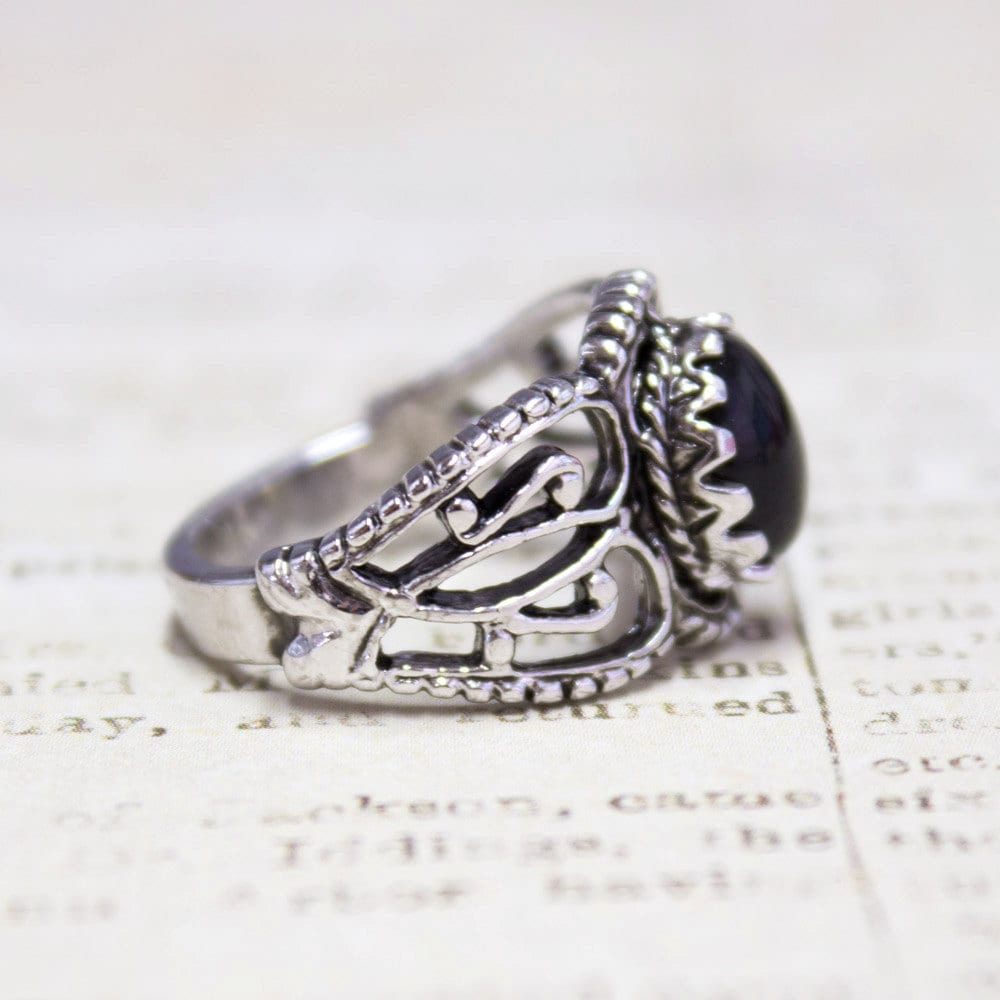 Vintage Genuine Onyx Filigree Ring - 18k White Gold Electroplated - Made in USA jewelry image 1