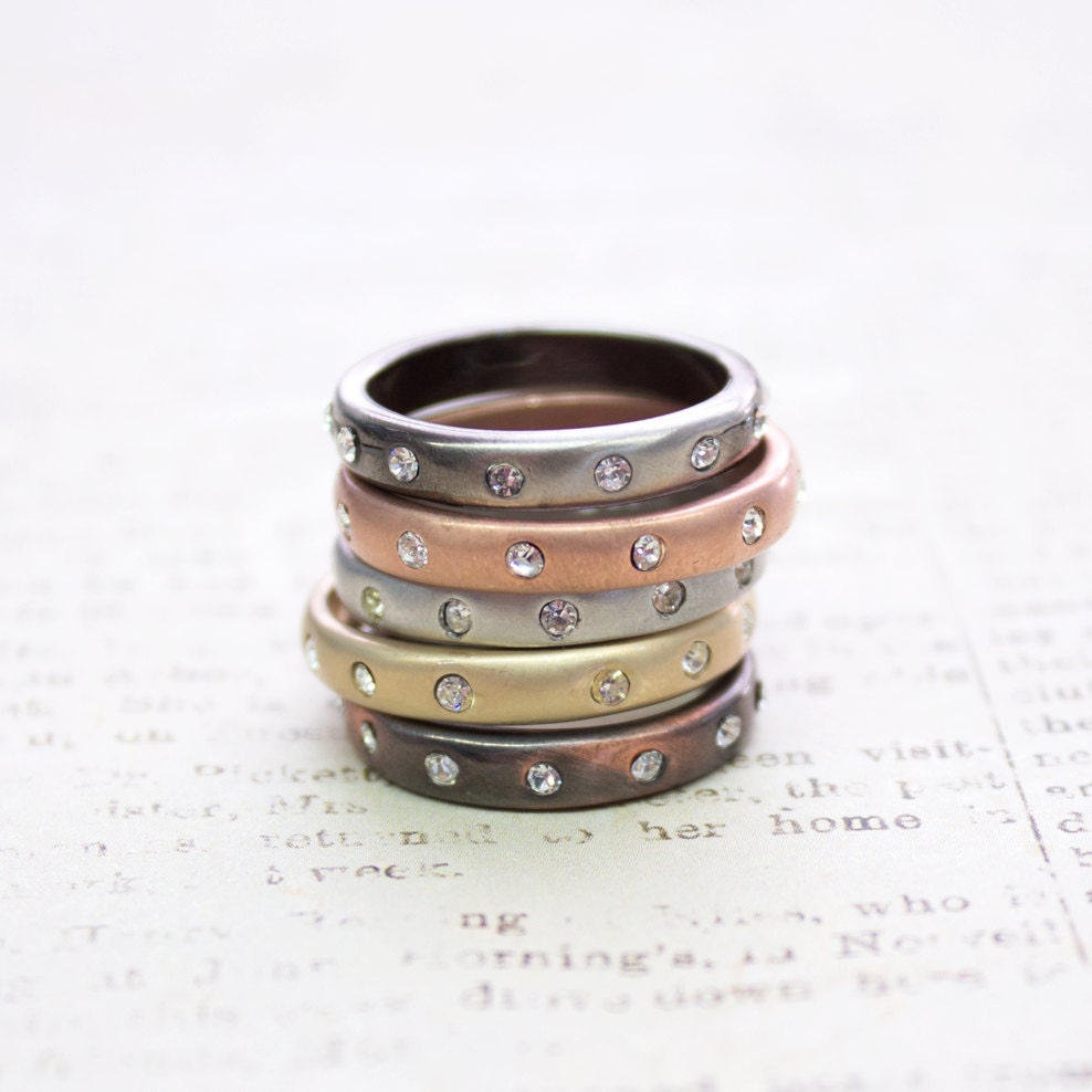 Vintage 1980s Brushed Rose Gold Electroplated Stacking Band with Austrian Crystals - Made in USA jewelry image 1