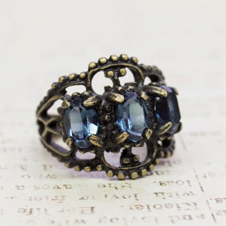 Vintage Sapphire Crystal Antiqued 18K HGE Gold Filigree Ring - Made in USA jewelry image 1