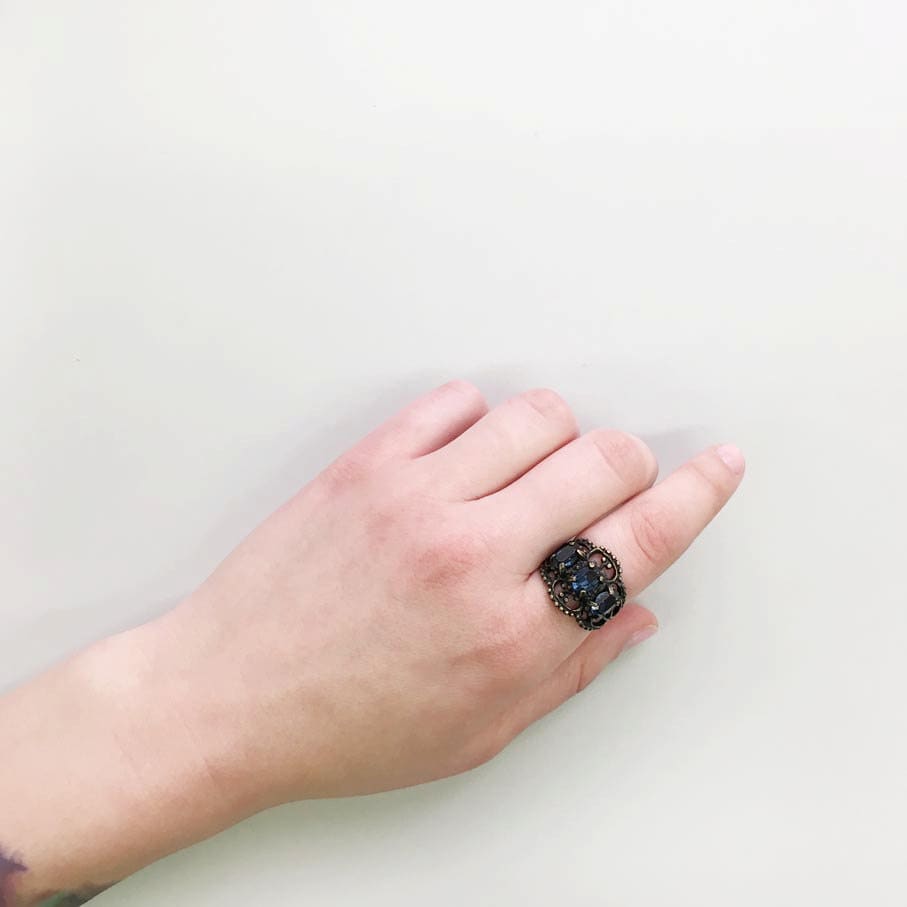 Vintage Sapphire Crystal Antiqued 18K HGE Gold Filigree Ring - Made in USA jewelry image 1