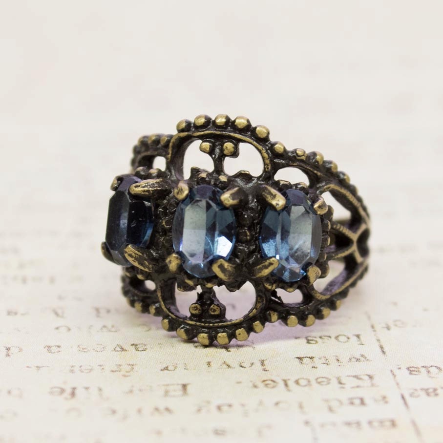 Vintage Sapphire Crystal Antiqued 18K HGE Gold Filigree Ring - Made in USA jewelry image 1