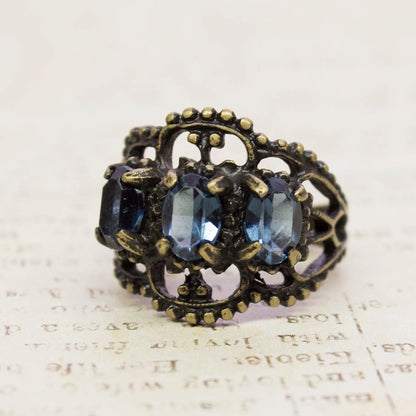 Vintage Sapphire Crystal Antiqued 18K HGE Gold Filigree Ring - Made in USA jewelry image 1