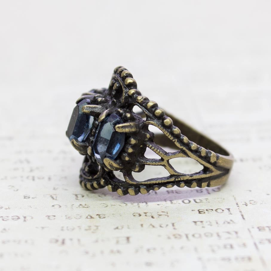 Vintage Sapphire Crystal Antiqued 18K HGE Gold Filigree Ring - Made in USA jewelry image 1