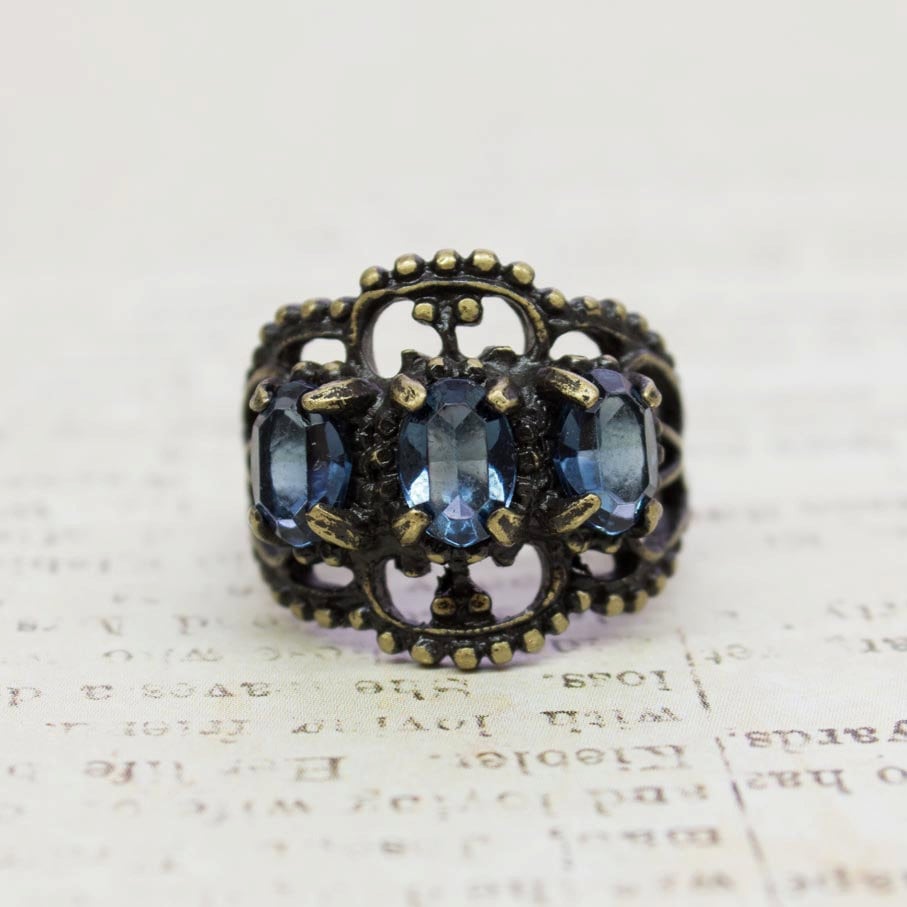 Vintage Sapphire Crystal Antiqued 18K HGE Gold Filigree Ring - Made in USA jewelry image 1