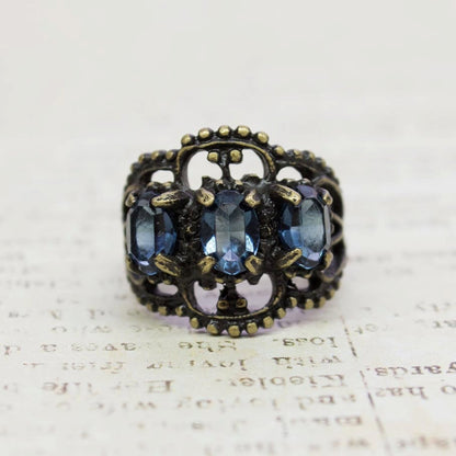 Vintage Sapphire Crystal Antiqued 18K HGE Gold Filigree Ring - Made in USA jewelry image 1
