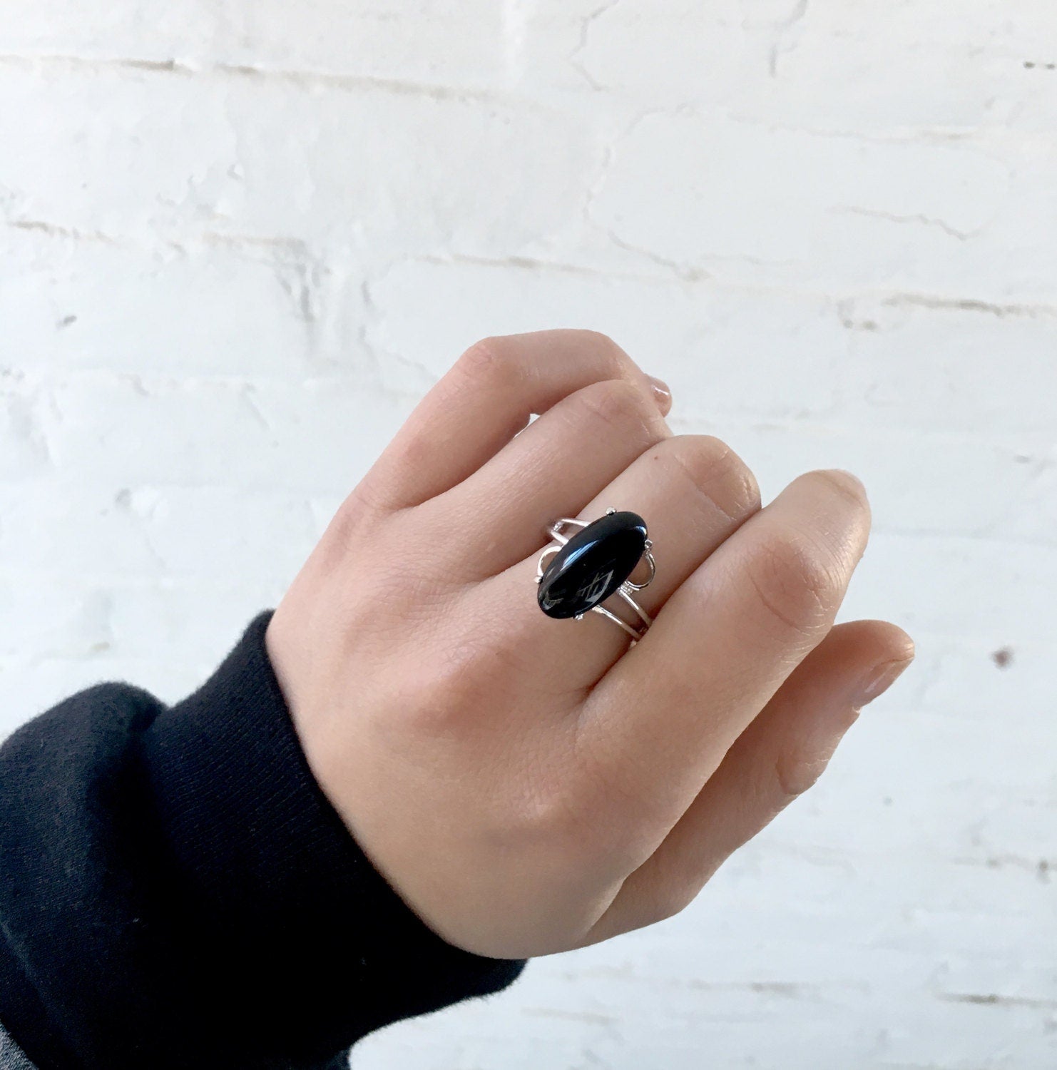 Vintage Genuine Onyx Oval Cocktail Ring – 18k White Gold Electroplated, Made in USA jewelry image 1