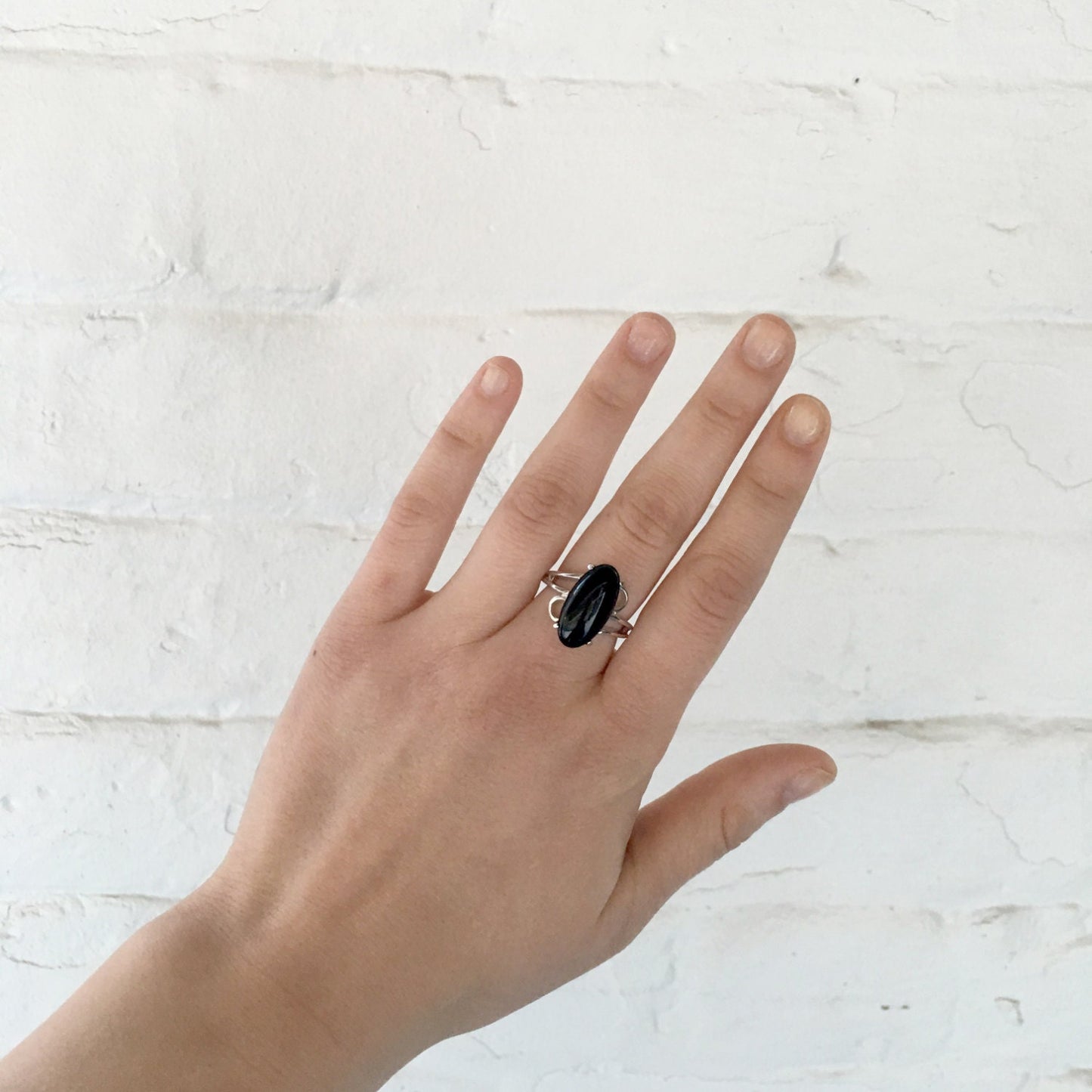 Vintage Genuine Onyx Oval Cocktail Ring – 18k White Gold Electroplated, Made in USA jewelry image 1