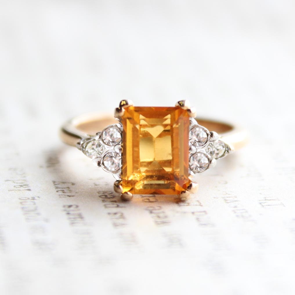 Vintage 1980s Light Topaz Emerald Cut Austrian Crystal Ring with Clear Crystal Accents - 18k Yellow Gold Electroplated jewelry image 1