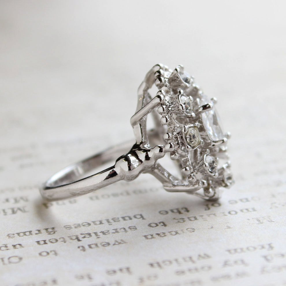 Vintage Clear Austrian Crystal Cocktail Ring - 18kt White Gold Electroplated - Made in USA jewelry image 1