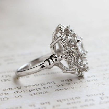 Vintage Clear Austrian Crystal Cocktail Ring - 18kt White Gold Electroplated - Made in USA jewelry image 1