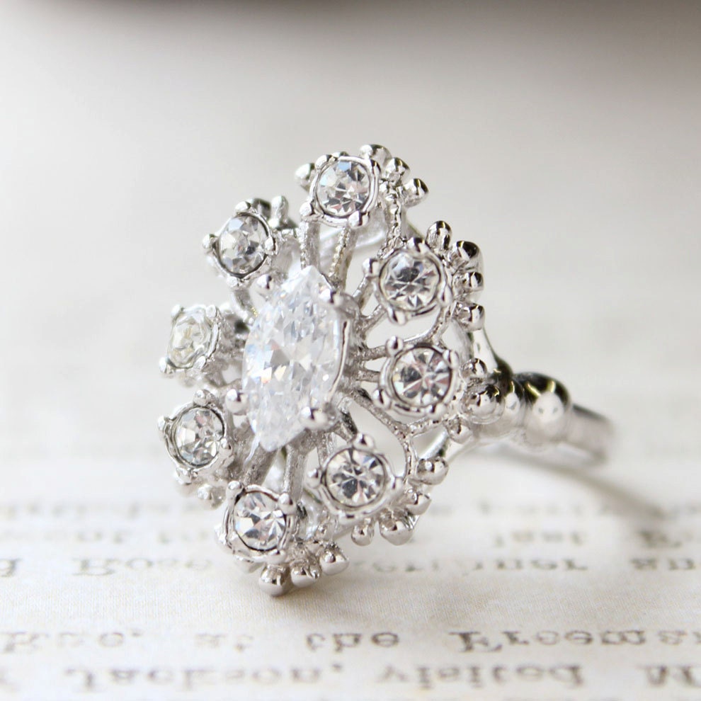 Vintage Clear Austrian Crystal Cocktail Ring - 18kt White Gold Electroplated - Made in USA jewelry image 1