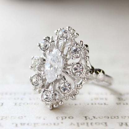 Vintage Clear Austrian Crystal Cocktail Ring - 18kt White Gold Electroplated - Made in USA jewelry image 1