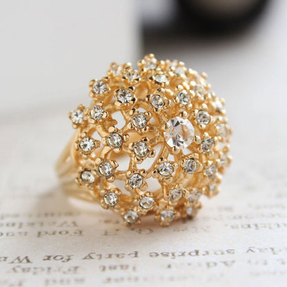 Vintage 1970s Cocktail Cluster Ring with Clear Austrian Crystals – 18k Gold Electroplated – Made in USA jewelry image 1