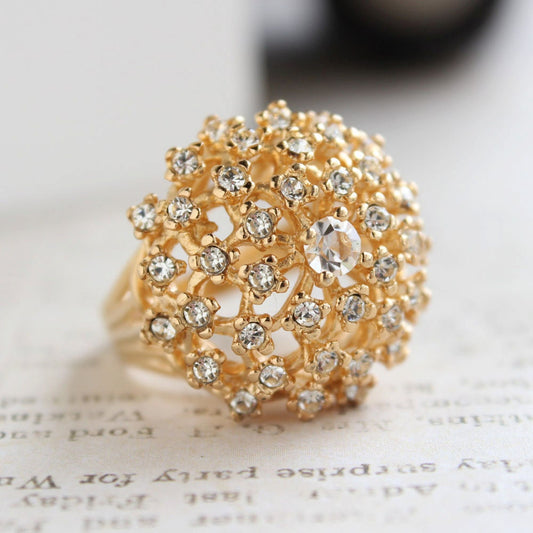 Vintage 1970s Cocktail Cluster Ring with Clear Austrian Crystals – 18k Gold Electroplated – Made in USA jewelry image 1