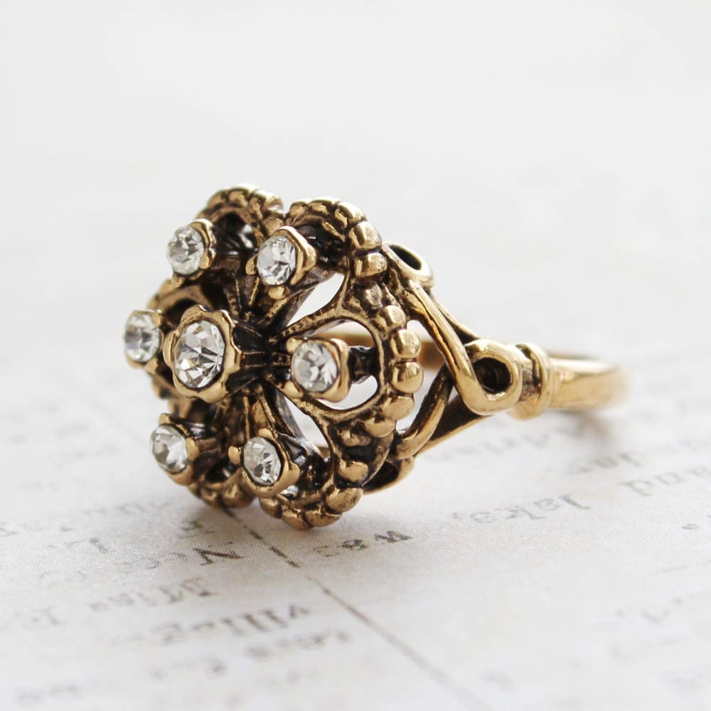 Vintage Filigree Ring with Clear Austrian Crystals – Antiqued 18k Gold Electroplated – Made in USA jewelry image 1