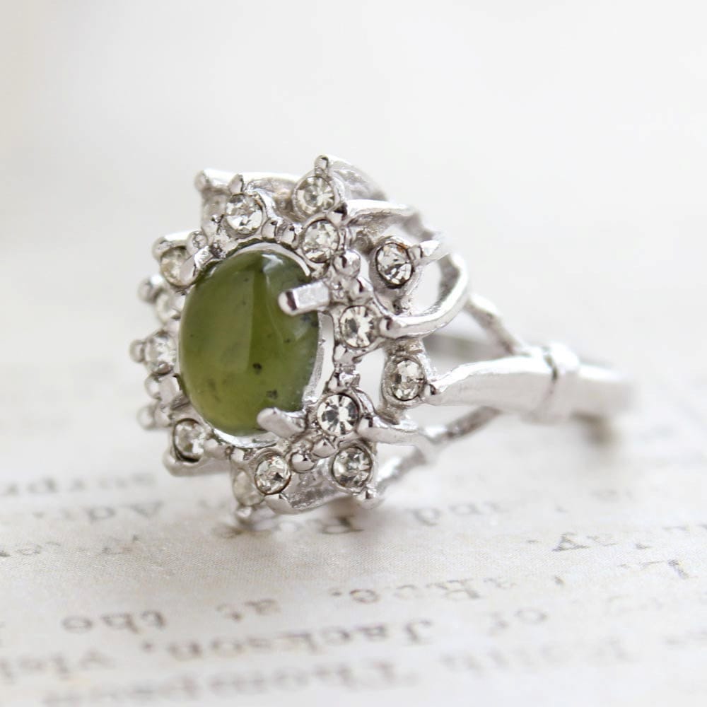 Vintage Genuine Jade & Austrian Crystal 18k White Gold Electroplated Cocktail Ring – Made in USA jewelry image 1