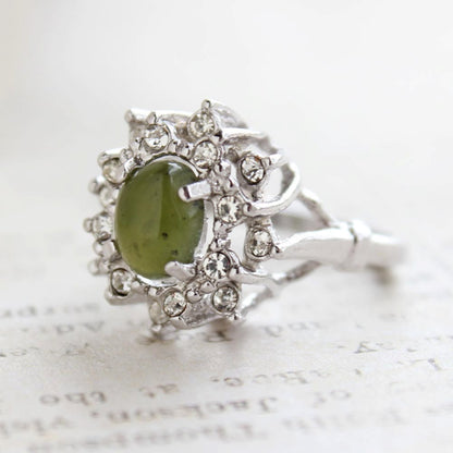 Vintage Genuine Jade & Austrian Crystal 18k White Gold Electroplated Cocktail Ring – Made in USA jewelry image 1