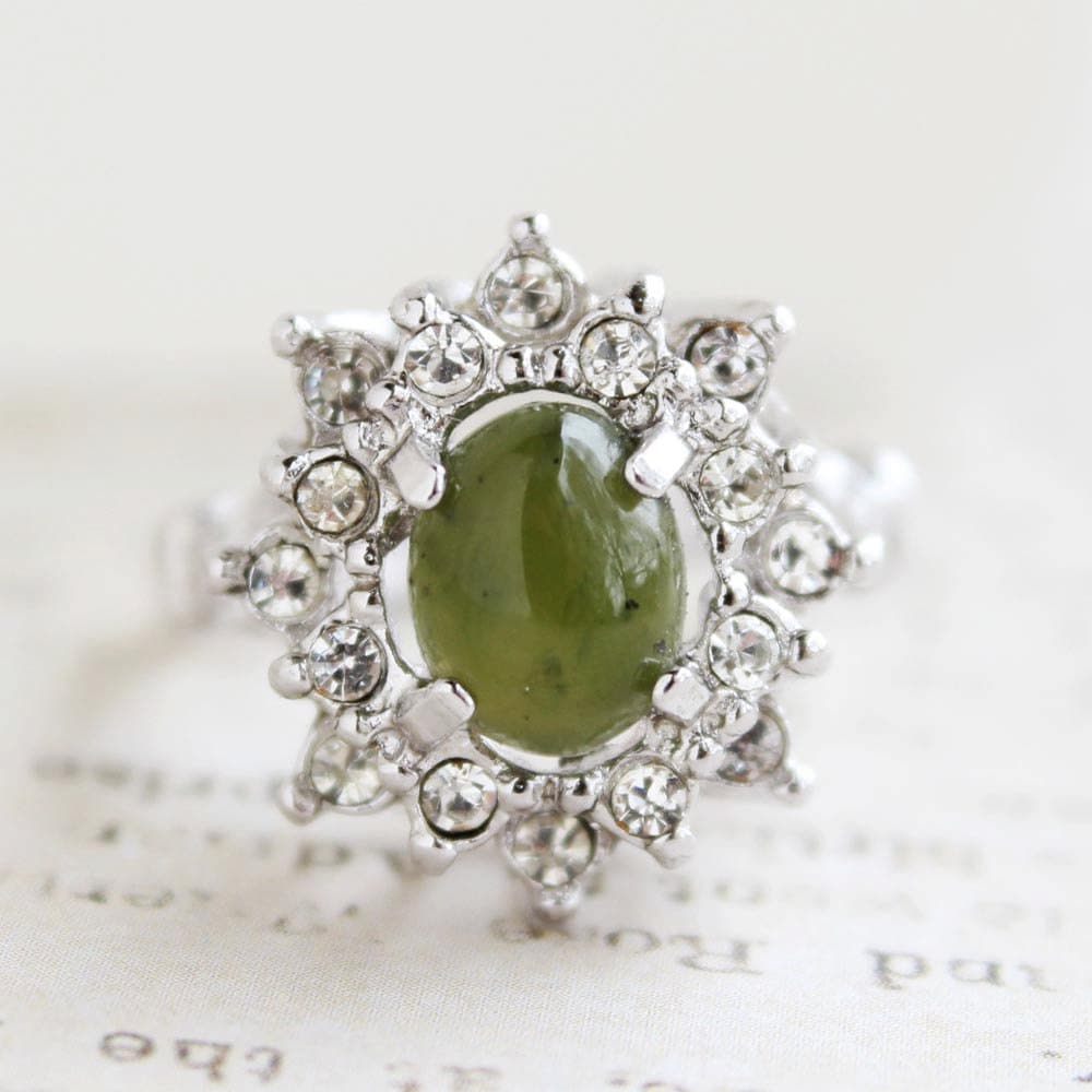 Vintage Genuine Jade & Austrian Crystal 18k White Gold Electroplated Cocktail Ring – Made in USA jewelry image 1